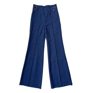 70s vintage highwaisted flare pants navy blue metal o-ring waistband detail.